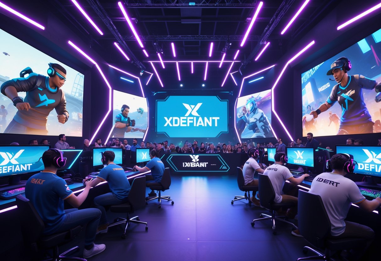 A futuristic esports arena with professional gamers competing intensely in a video game, surrounded by holographic game characters and a cheering crowd.