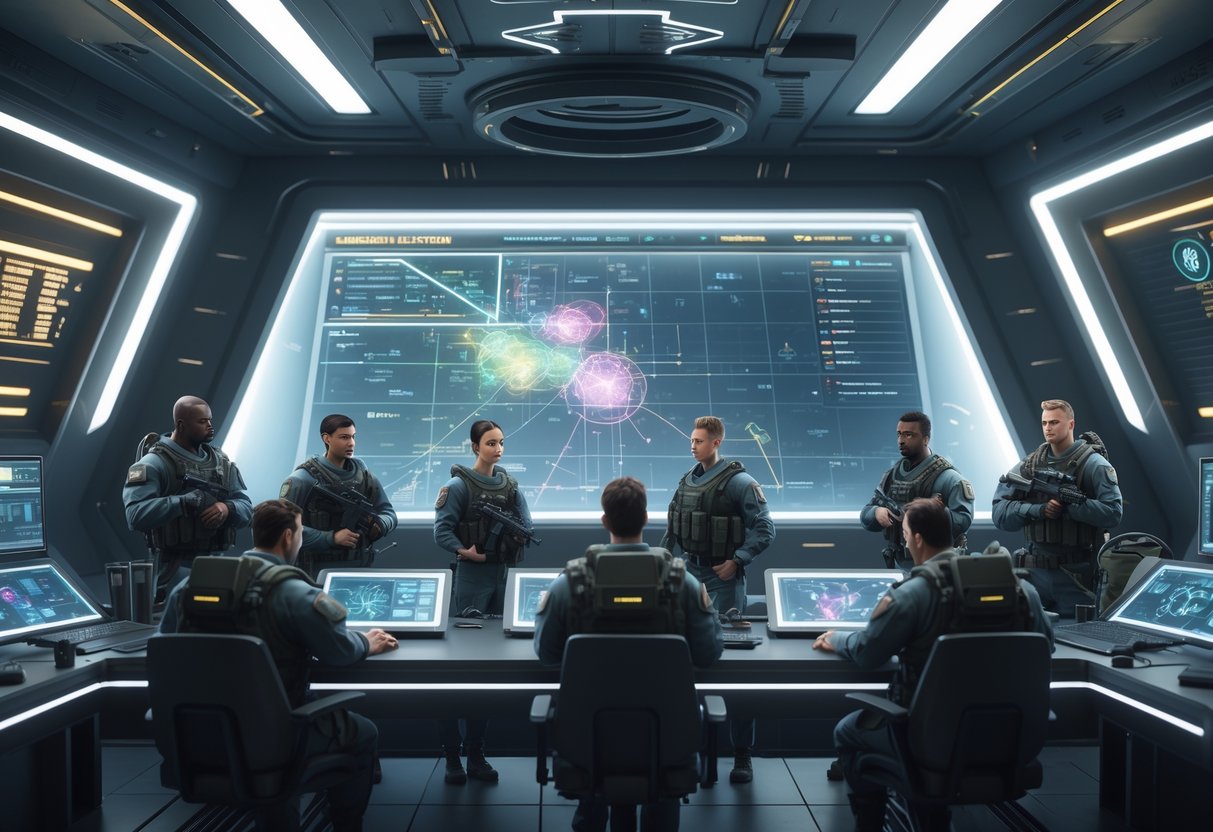 A futuristic military command centre with specialised operatives gathered around a holographic battlefield map, planning a strategic mission.
