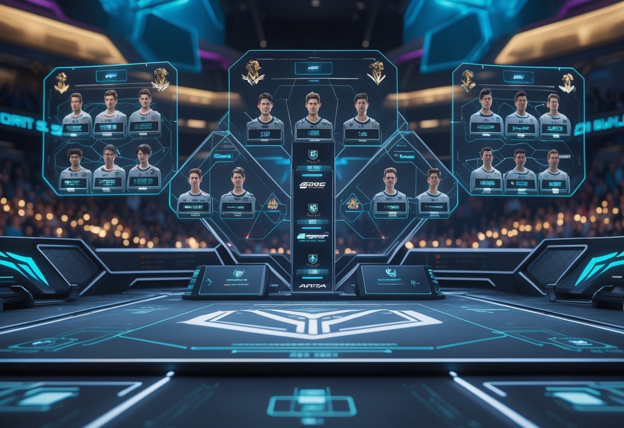A 3D scene showing a futuristic esports arena with digital displays of team members and roles connected by lines, highlighting a competitive gaming event.
