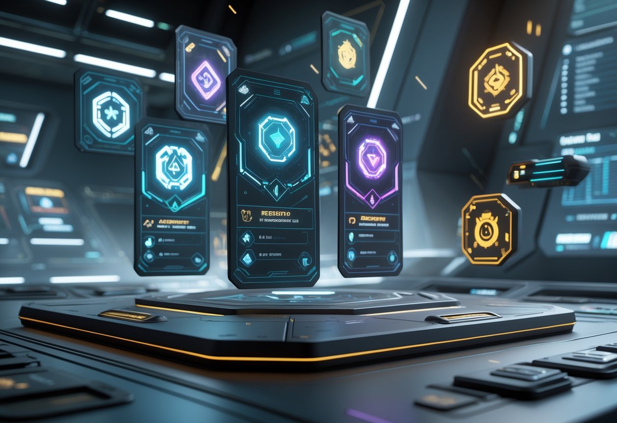 A futuristic military command centre displaying floating holographic merit cards and glowing icons representing bonuses and power-ups.