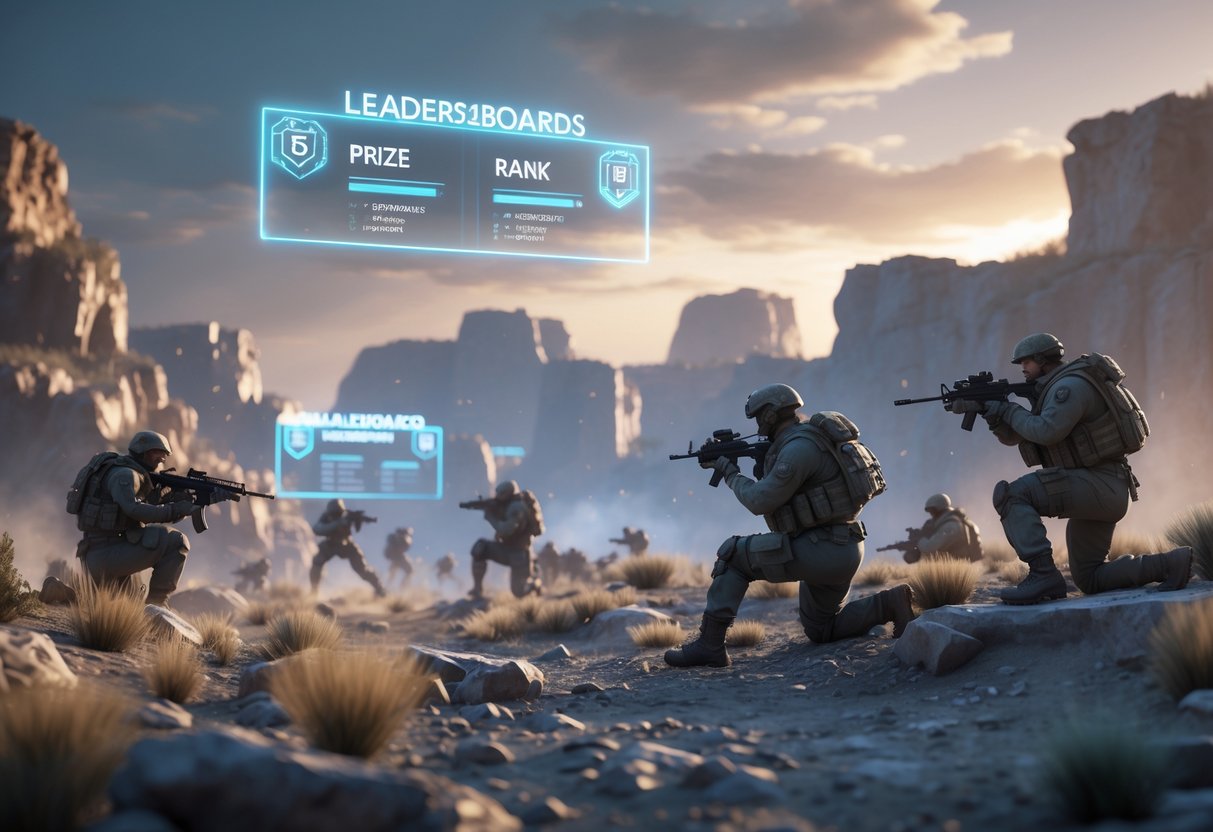 A 3D scene showing soldiers in tactical gear on rocky terrain with floating holographic leaderboards and prize icons above, under a dramatic sky.