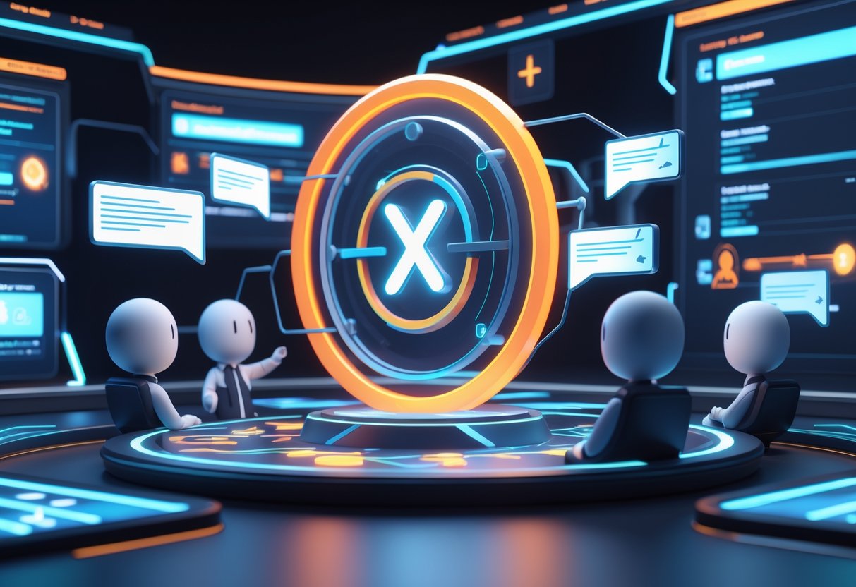 A digital scene showing avatars interacting with holographic screens and chat bubbles around a glowing emblem, representing an online gaming community engaged in discussion.