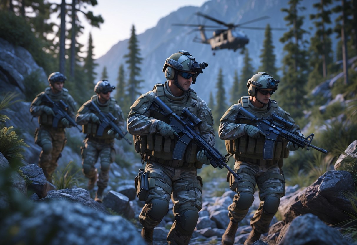 A group of soldiers in camouflage gear moving through a forested mountainous area with a helicopter flying in the distance.