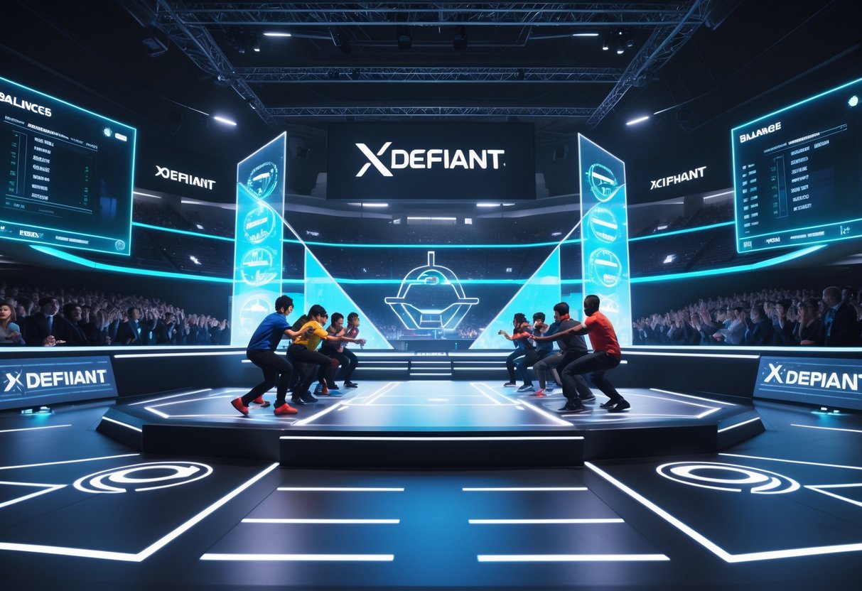 A futuristic esports arena with two teams competing in a strategic video game match, surrounded by holographic displays showing gameplay data and a virtual crowd watching.