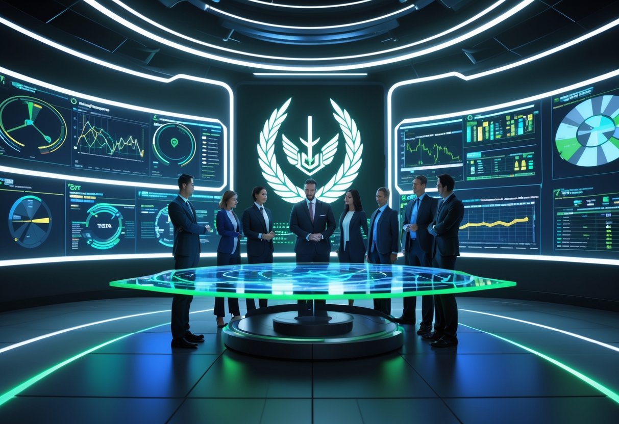 A futuristic command centre with a team working around a digital table displaying holographic data and charts.