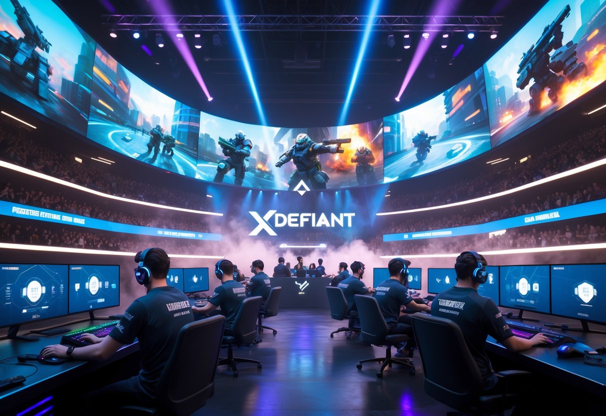 A competitive esports scene with players at gaming stations, large screens showing fast-paced gameplay, and an excited crowd in a brightly lit arena.