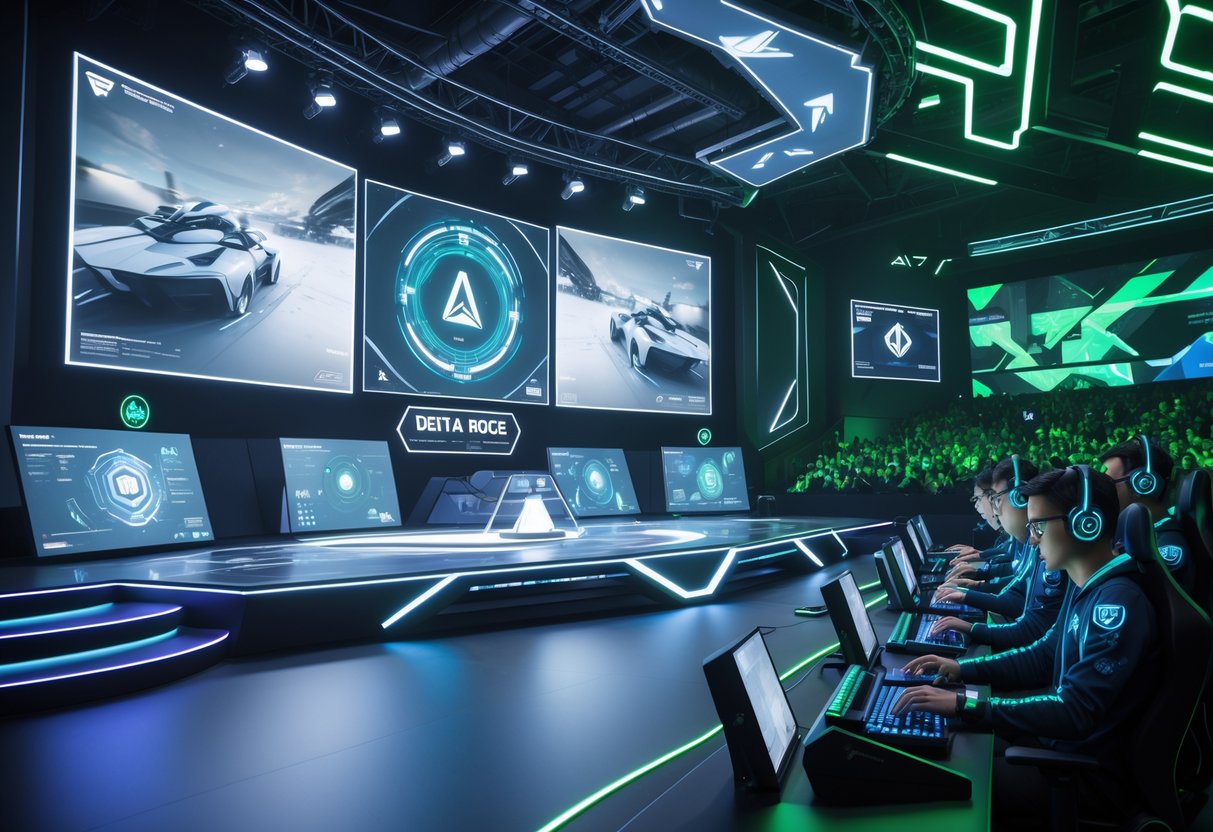 A futuristic esports arena with players focused on gaming, surrounded by holographic screens and digital elements, with an enthusiastic audience in the background.
