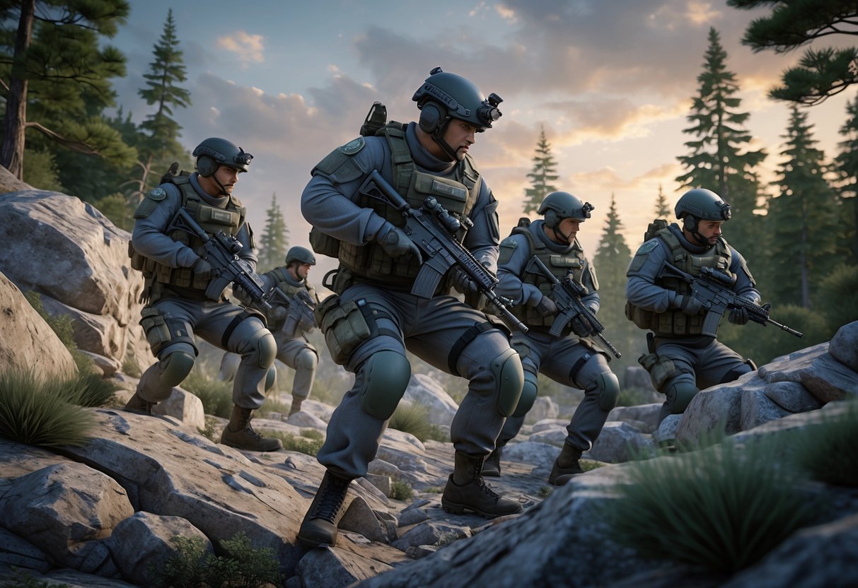 A group of soldiers in tactical gear moving through a rocky forested area at dawn, preparing for a mission.