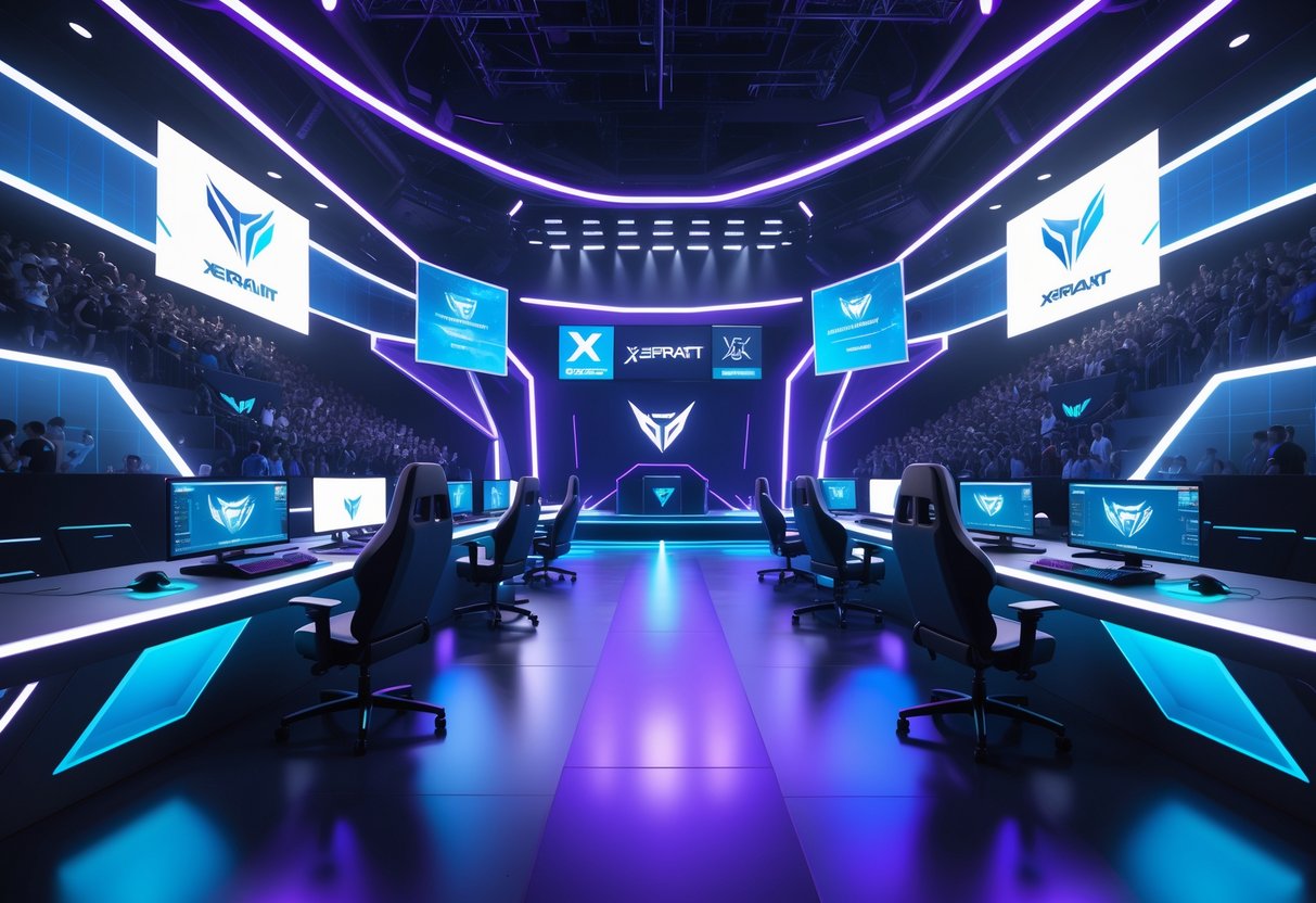 A futuristic esports arena with gaming stations, holographic displays, and a crowd watching a competitive match.