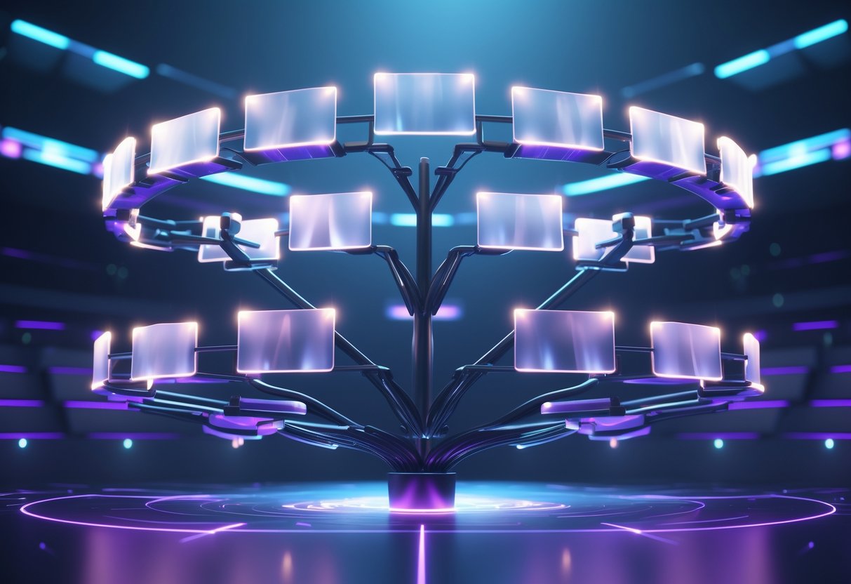 A 3D visual of a tournament bracket showing multiple rounds leading to a highlighted final match in a futuristic arena setting.