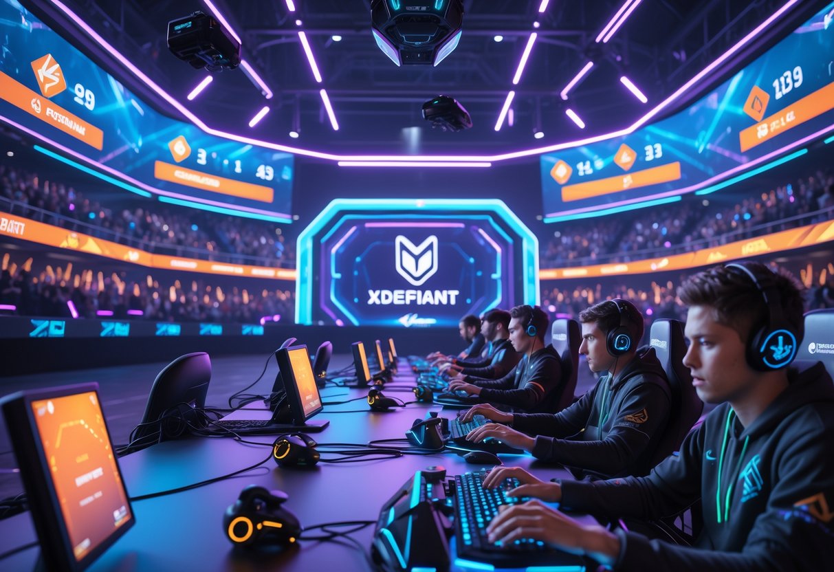 A futuristic gaming arena filled with players competing and fans watching, surrounded by holographic displays and vibrant lights.