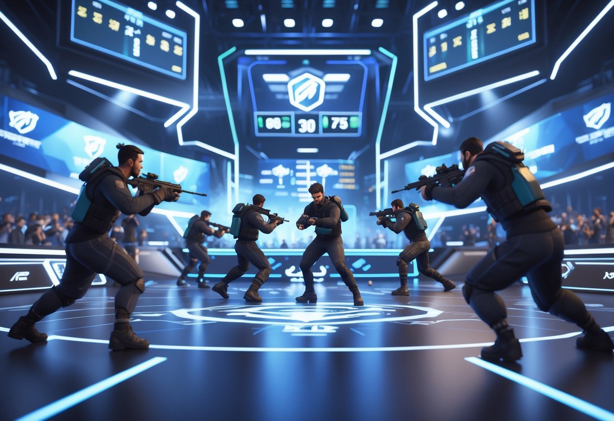 A 3D scene showing players in tactical gear competing in a futuristic esports arena with holographic displays and a digital scoreboard.