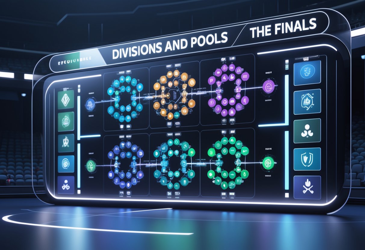 A 3D digital display showing interconnected groups representing divisions and pools in a tournament, with glowing lines indicating progression paths.