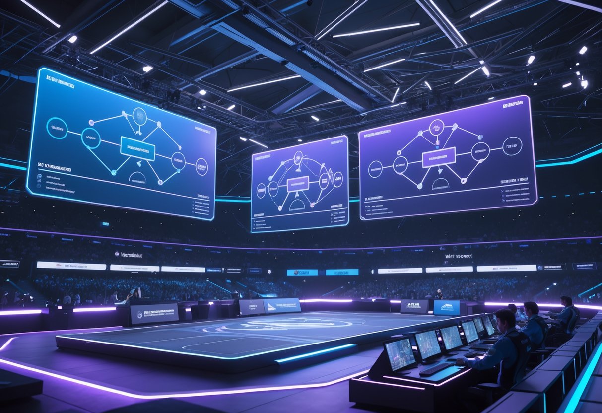 A futuristic esports arena with holographic displays showing different match formats and tournament brackets, surrounded by a large crowd and gaming setups.