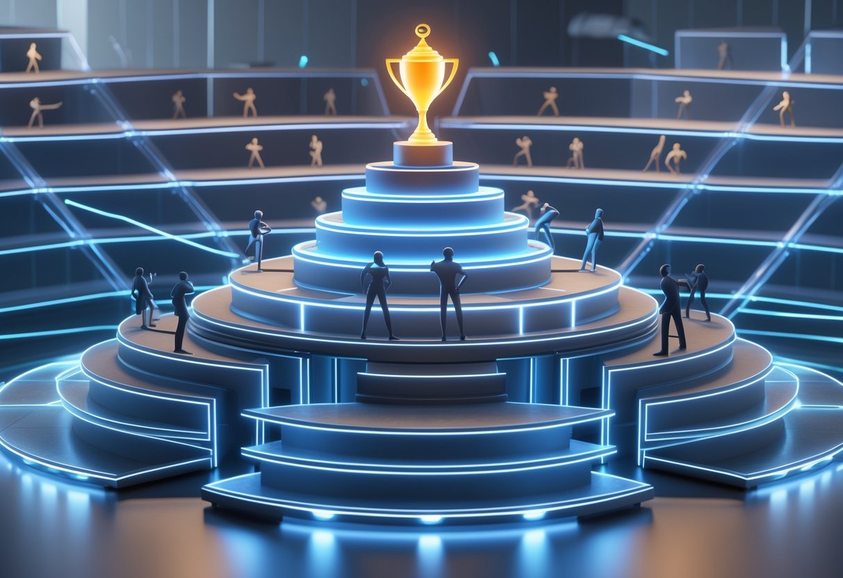A 3D scene showing a multi-level tournament structure with platforms and figures representing competitors progressing towards a central podium with a trophy.