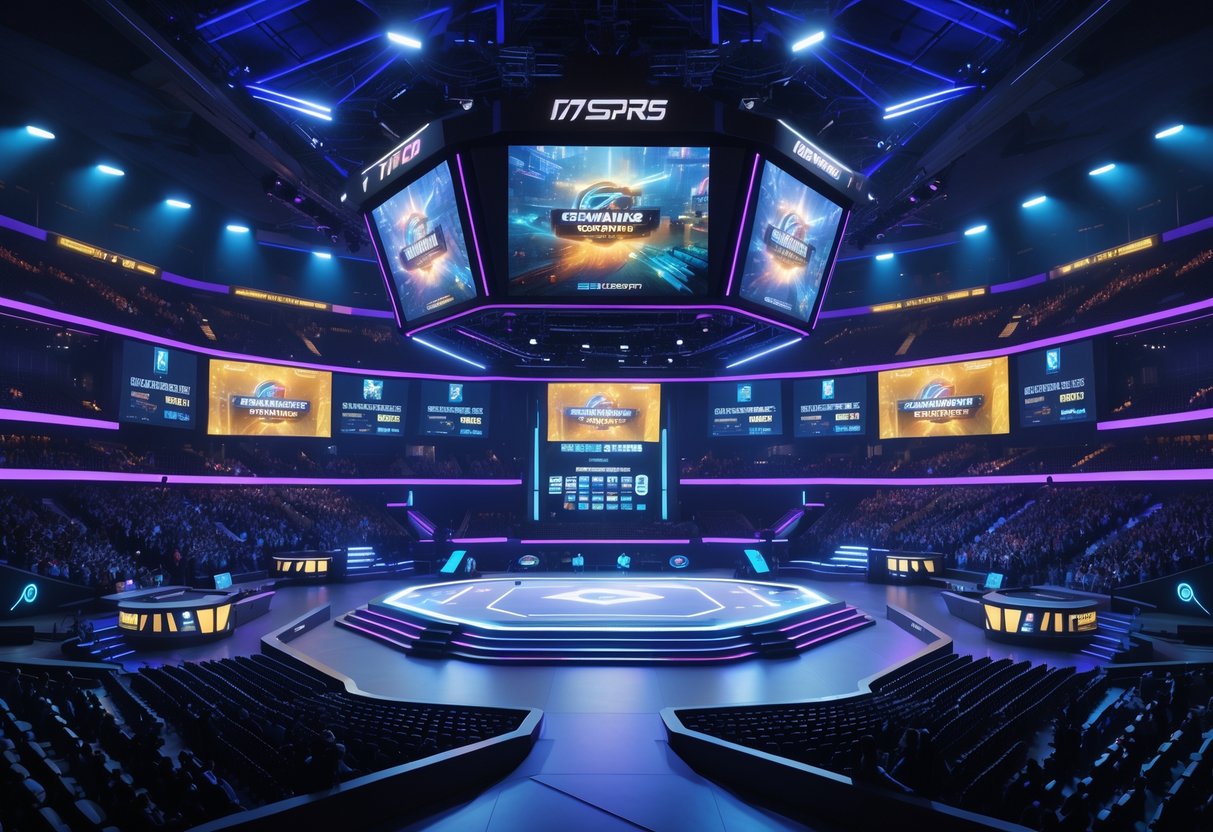 A large esports arena with a grand stage, glowing screens showing gameplay and scores, and a crowd watching an intense tournament finals event.