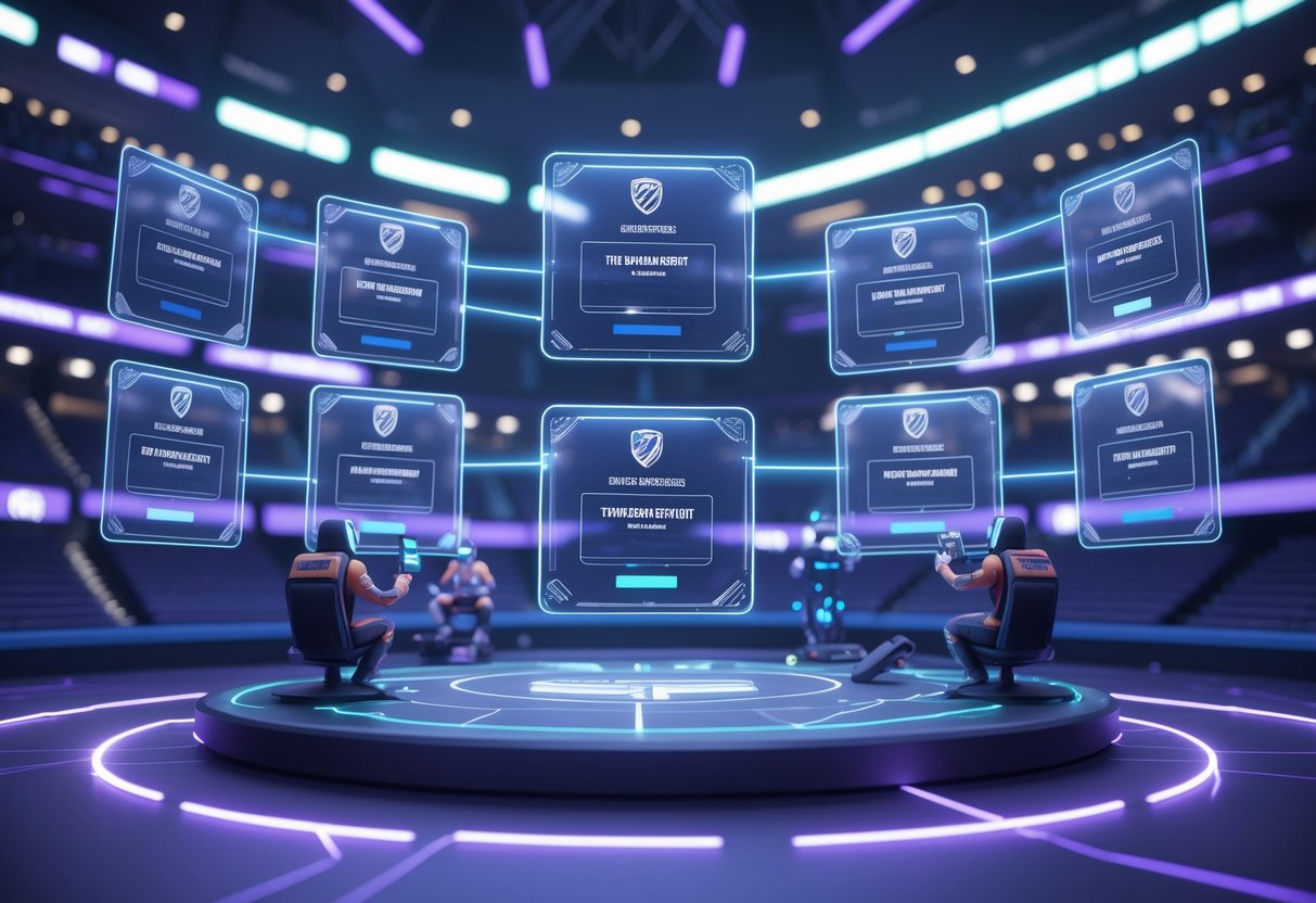 A 3D scene showing a futuristic esports arena with holographic tournament brackets evolving from simple to complex formats, surrounded by digital effects and players interacting with the displays.