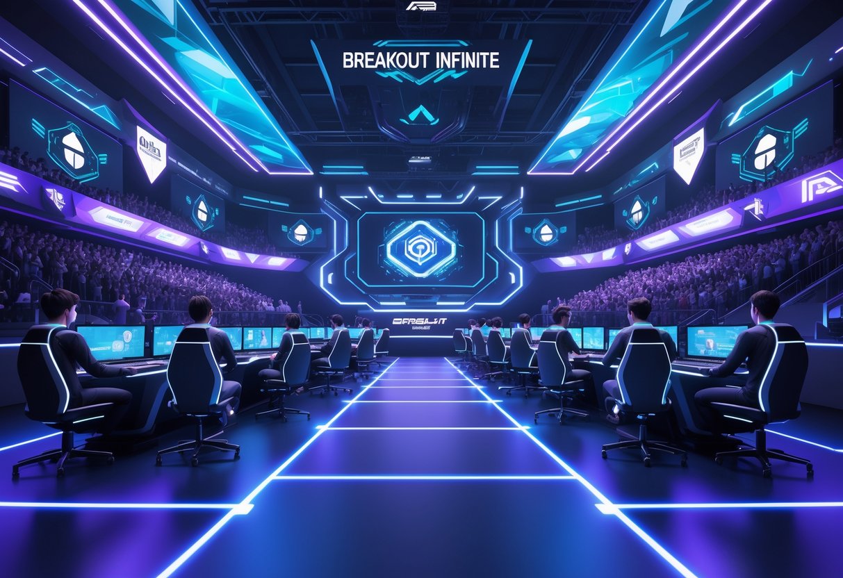 A futuristic esports arena with teams playing at gaming stations surrounded by holographic strategy displays and a crowd watching the competition.