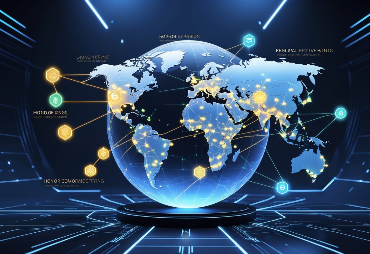 A 3D globe with glowing connection lines and icons representing the global growth of a game.