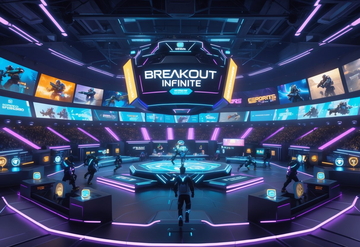A futuristic esports arena filled with players competing on multiple holographic stages and virtual spectators watching the intense gaming action.