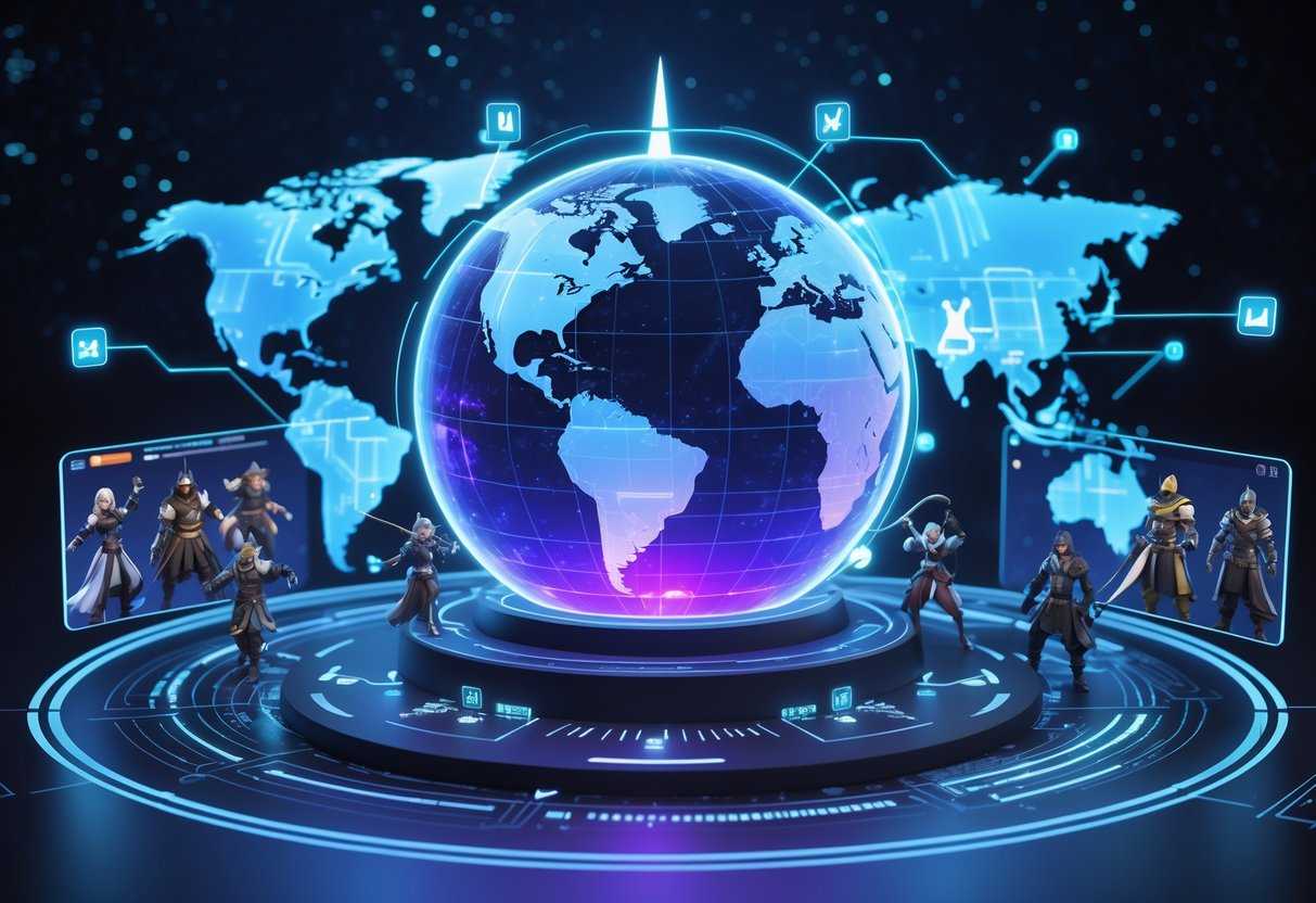 A digital globe surrounded by glowing game characters and futuristic technology elements representing global expansion.