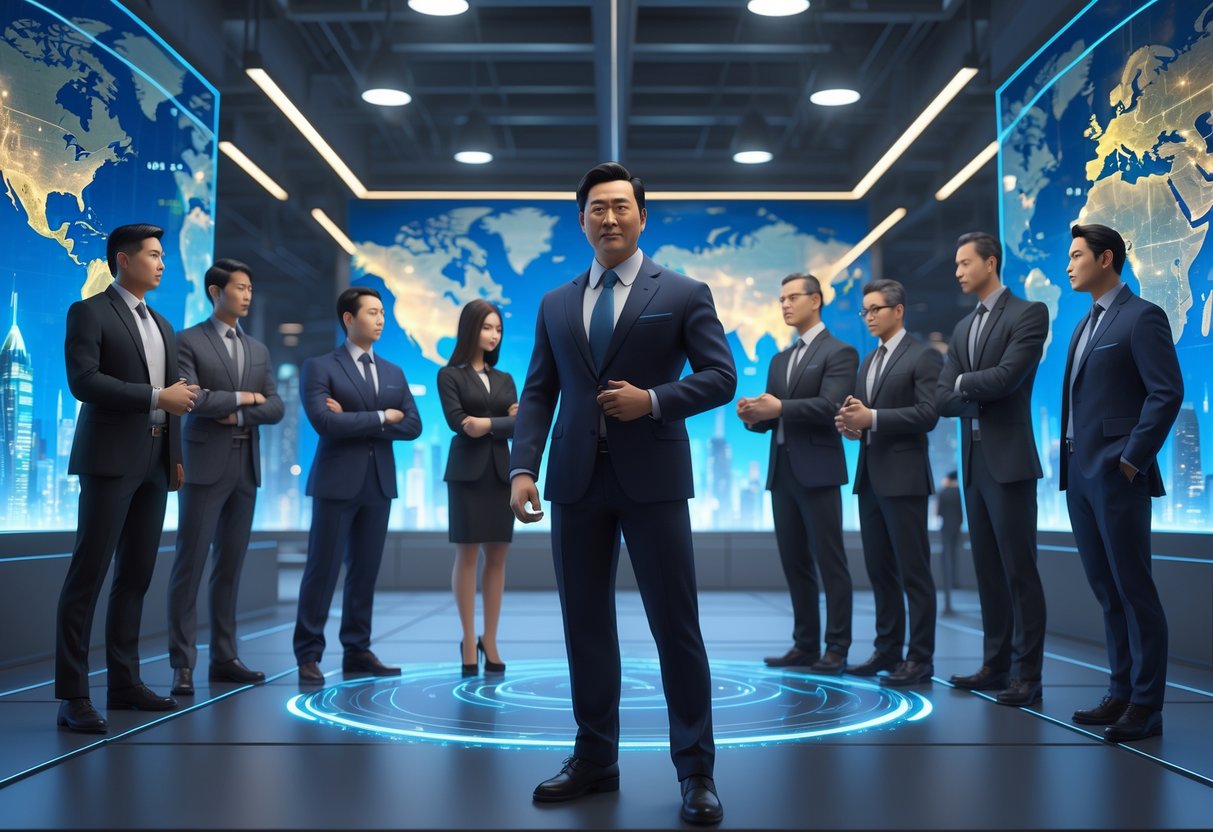 A group of business leaders standing together in a modern office with digital maps and cityscapes in the background, representing a global expansion team.