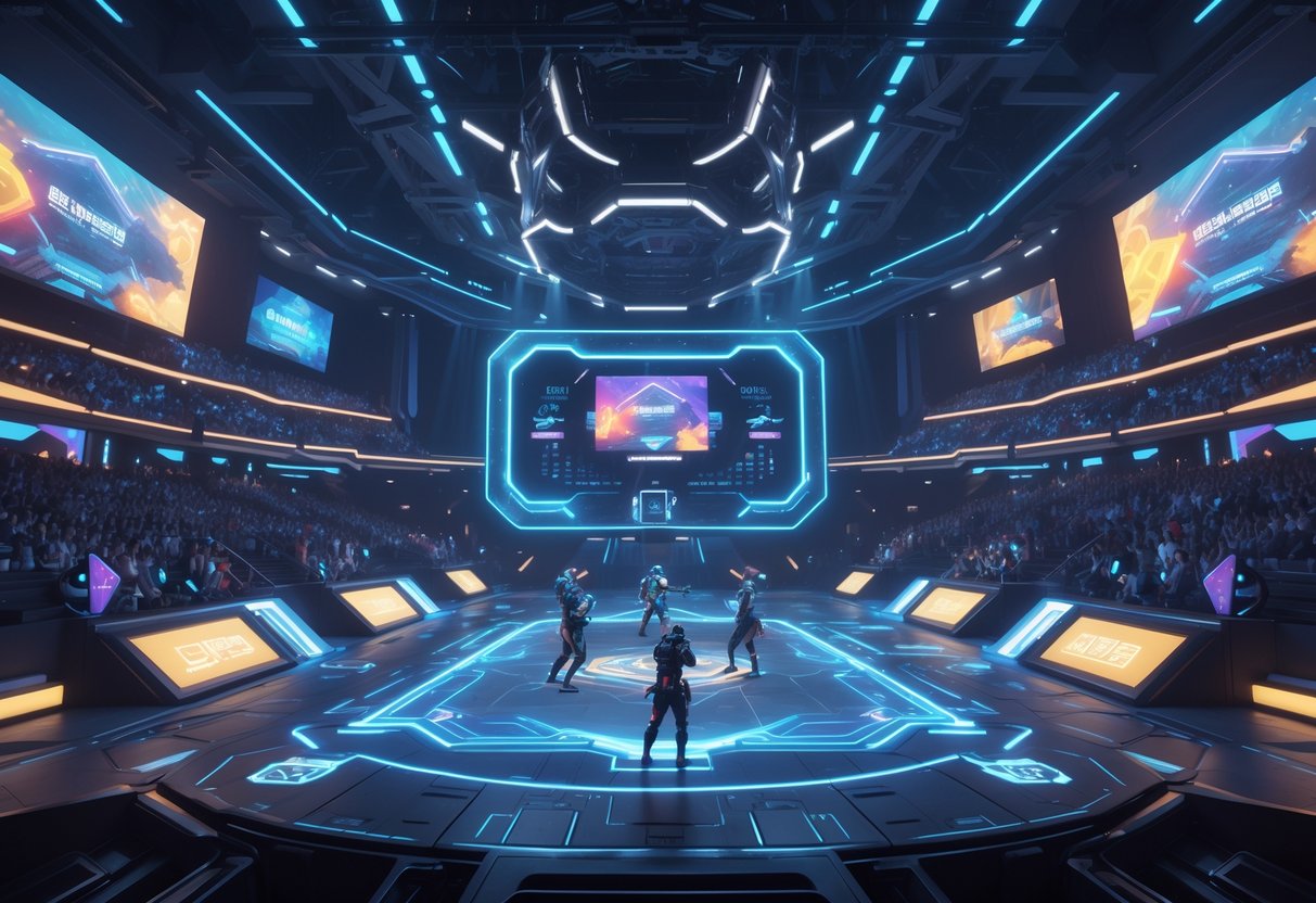 A futuristic esports arena with players competing in a high-tech virtual battlefield surrounded by cheering crowds and large digital screens.