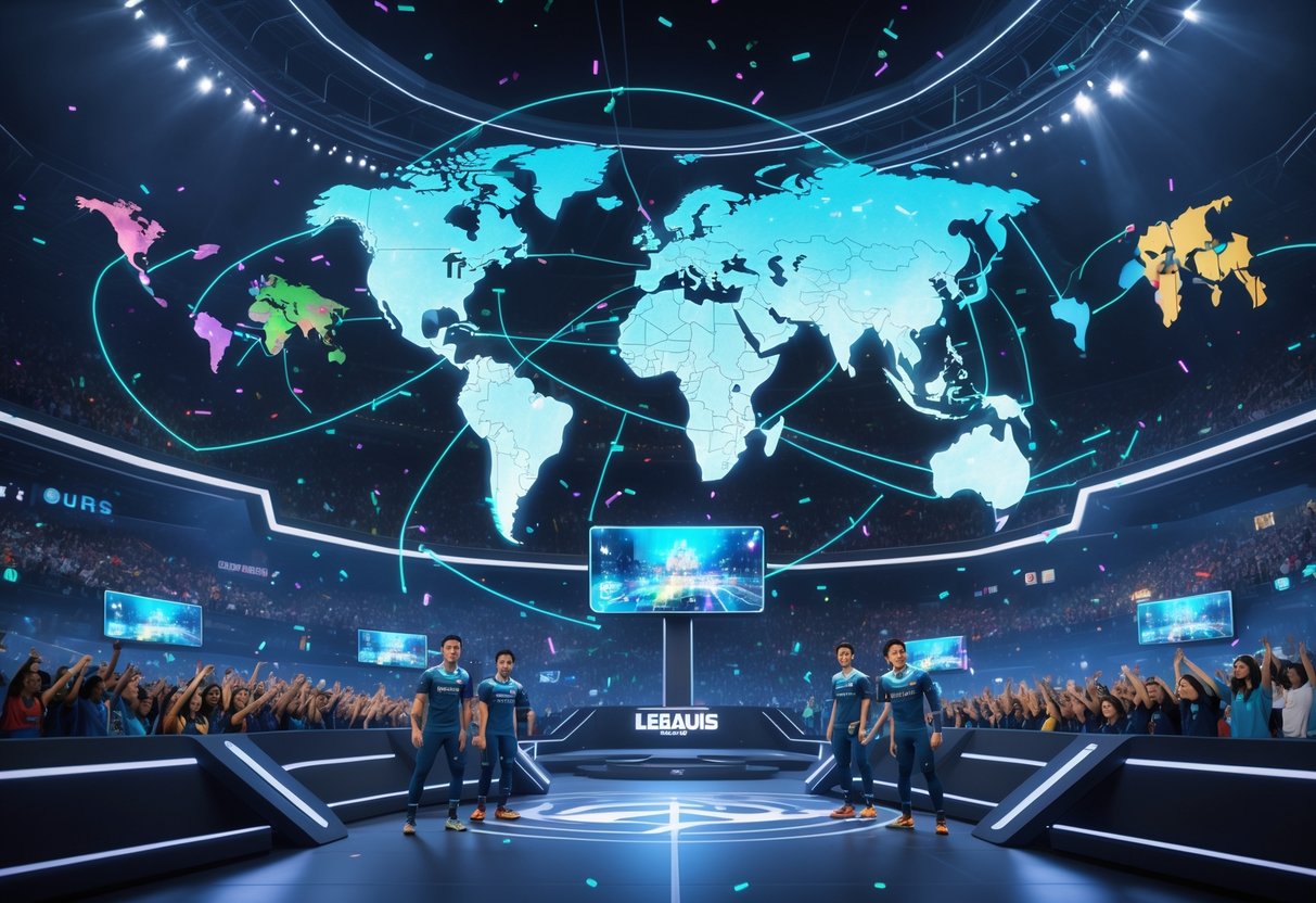 A futuristic esports stadium with diverse crowds and holographic maps showing global connections, surrounded by international landmarks and professional players on stage.