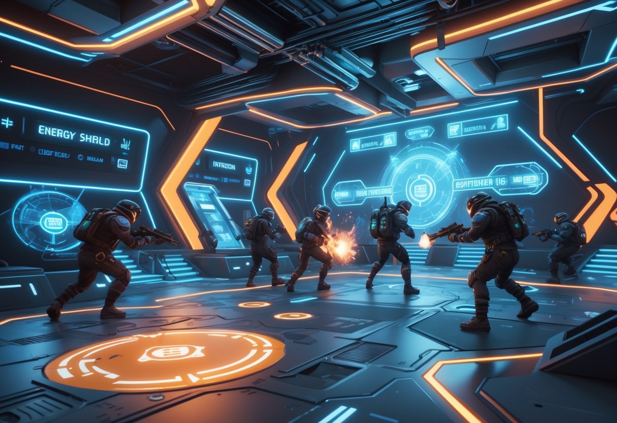A futuristic esports arena with players in combat gear navigating a high-tech battleground filled with platforms, cover zones, and glowing energy stations.