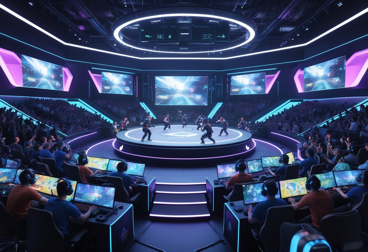 A futuristic esports arena with players competing on a central stage and a crowd of spectators watching the event.