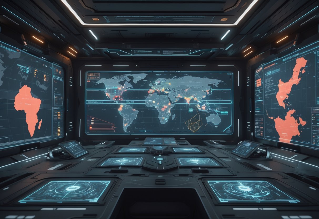 A futuristic command centre with holographic maps and tactical displays showing strategic zones and competing factions engaged in covert operations.