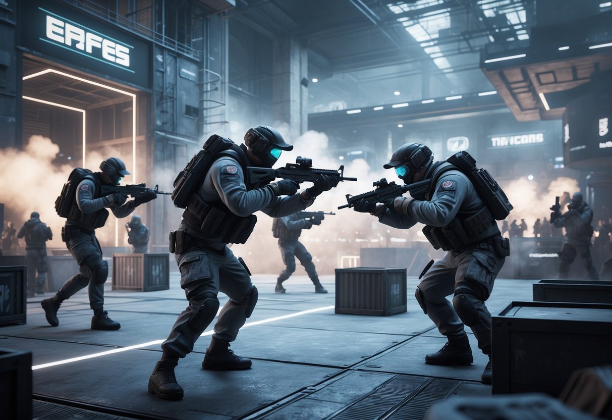 Two teams of armed tactical operators engaged in a firefight in a futuristic urban arena with industrial structures and spectators watching from platforms.