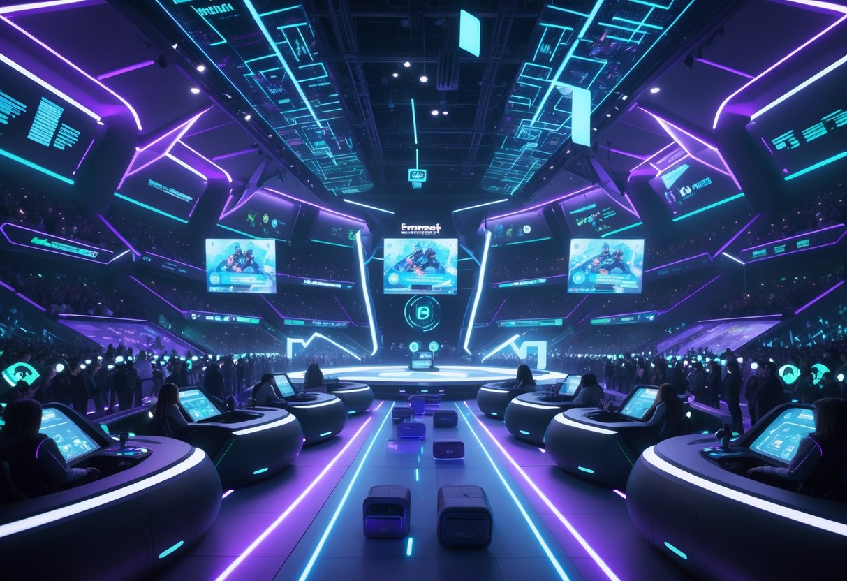 A futuristic esports arena with neon lights, holographic displays, and a crowd watching a virtual gaming competition.