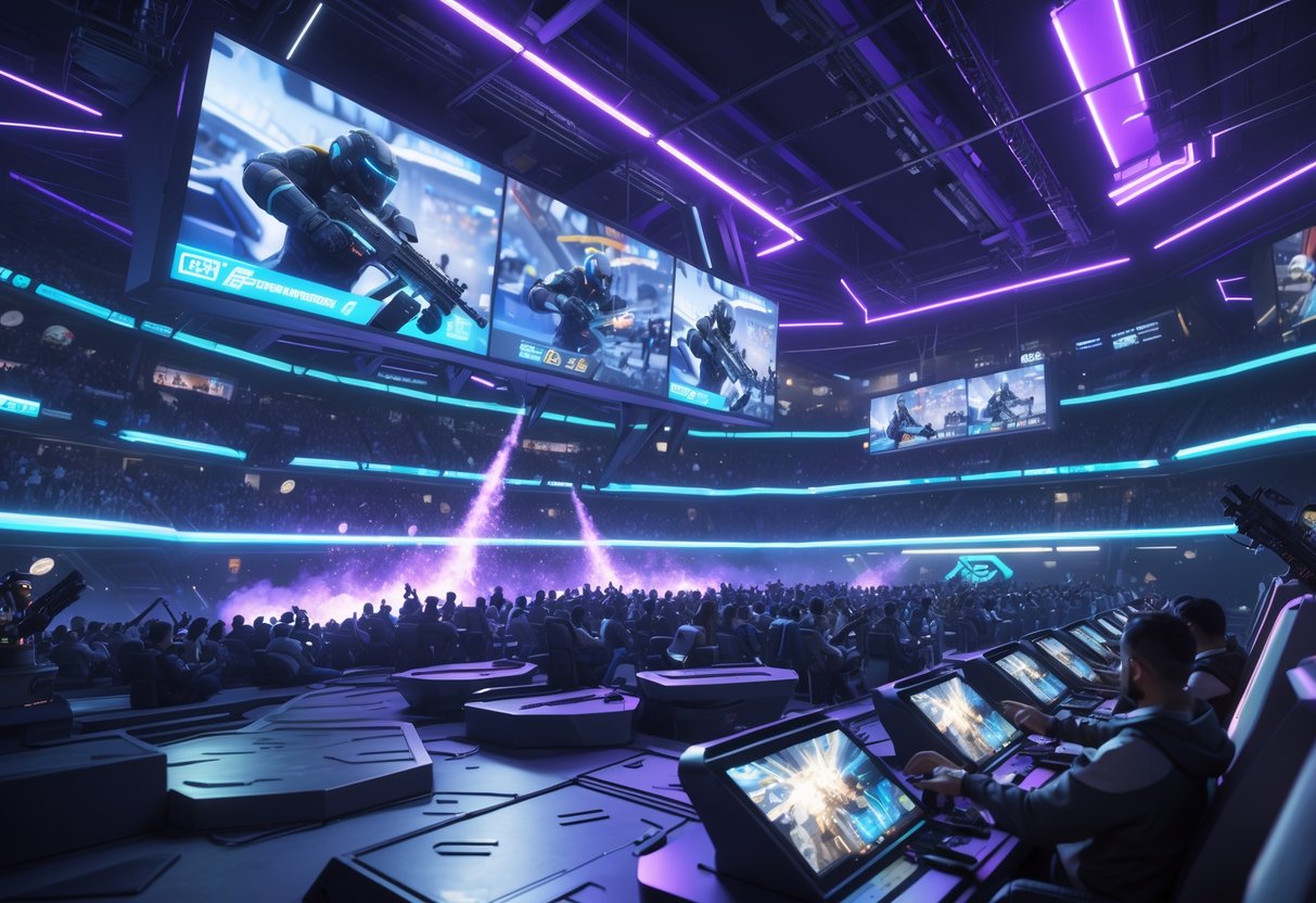 A futuristic esports arena filled with cheering crowds, large screens showing intense gameplay, and players competing in a high-tech environment.