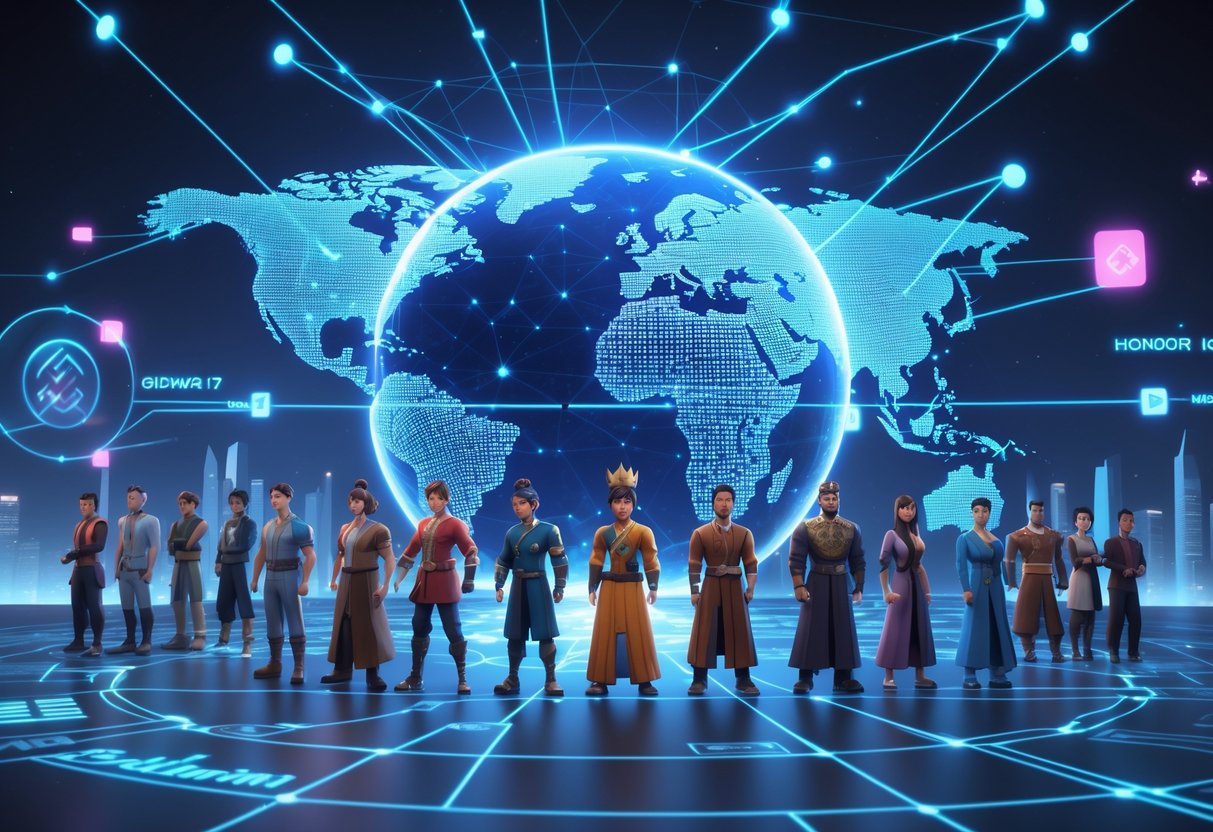 A globe with glowing lines connecting different continents, surrounded by diverse characters representing international collaboration and global expansion.