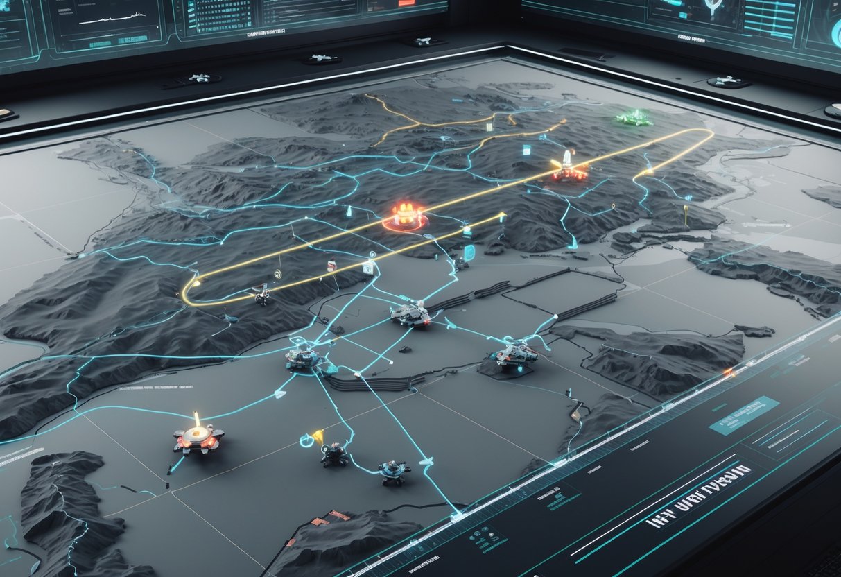 A 3D digital map showing a conflict zone with highlighted areas, military units, and strategic movements in a high-tech command centre.