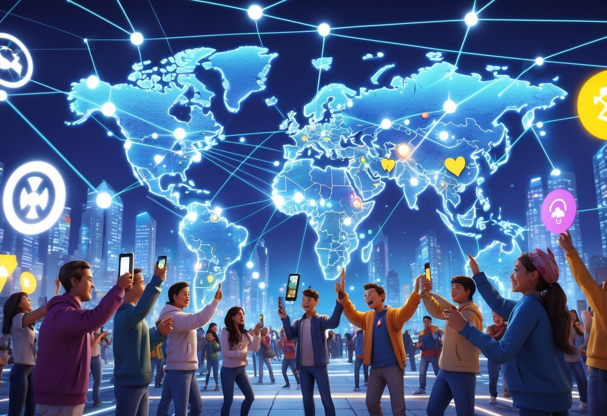 A colourful scene showing diverse people from around the world connected by glowing lines on a world map, playing together and celebrating in a lively city environment.