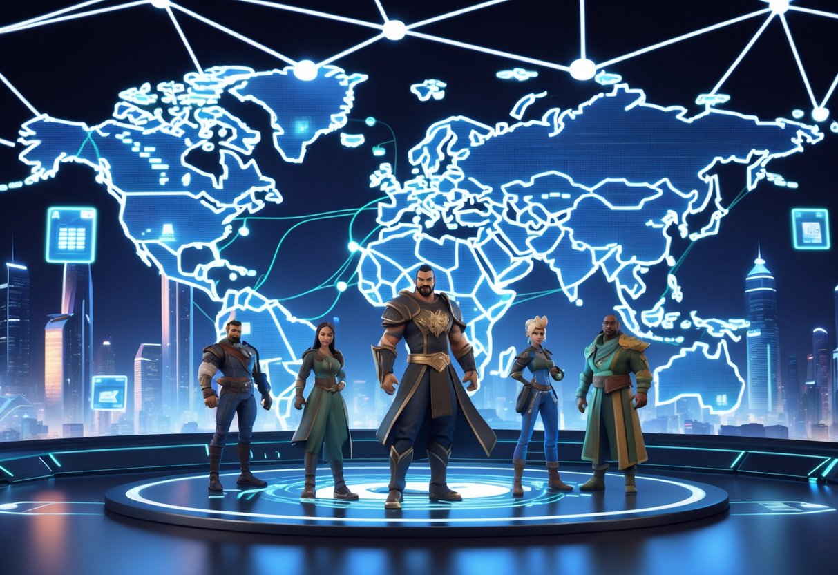 A 3D scene showing characters from Honor of Kings standing on a holographic globe with glowing connections between cities around the world.