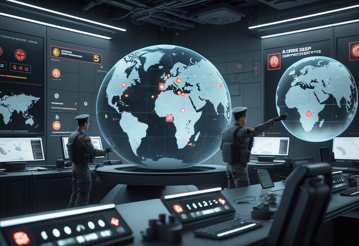 A military command centre with personnel analysing holographic maps showing contested zones and alerts in a tense strategic setting.