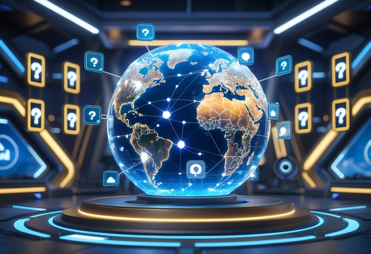 A futuristic global command centre with a glowing holographic globe showing connections between countries and digital panels with question and answer icons.