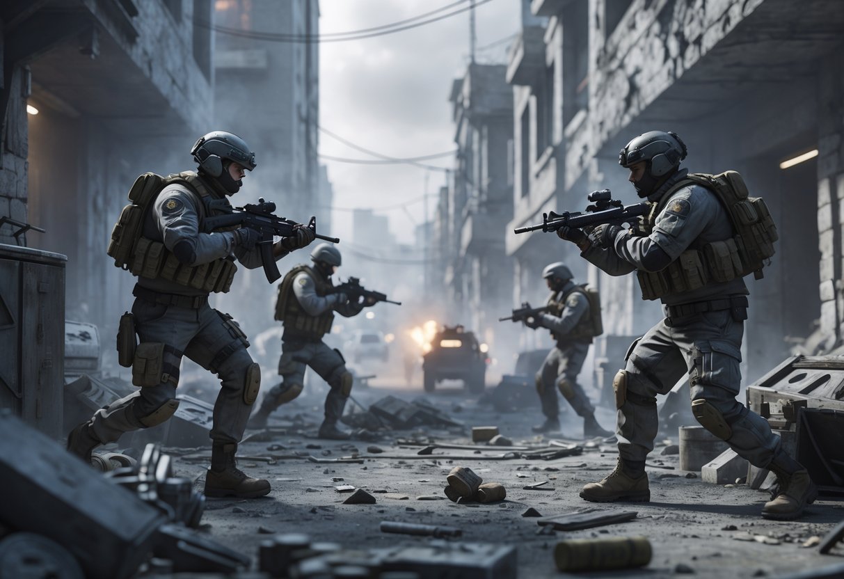 Two squads of soldiers fighting in a damaged city with smoke and debris, showing different levels of gear and experience.