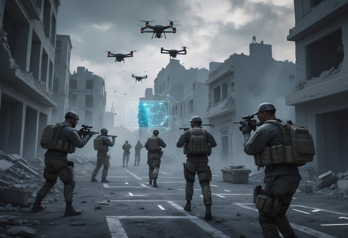 A team of soldiers working together in a ruined urban area, using tactical equipment and communicating to coordinate their movements.