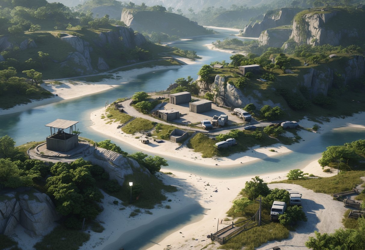 A detailed 3D map of an island with forests, cliffs, beaches, military outposts, and roads designed for competitive warfare.