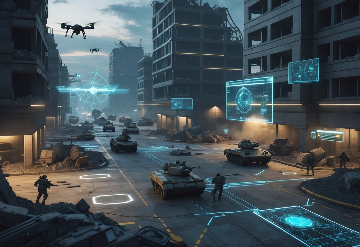 A futuristic urban battlefield with soldiers, military vehicles, drones, and holographic tactical maps showing strategic points and movements during a tense conflict.