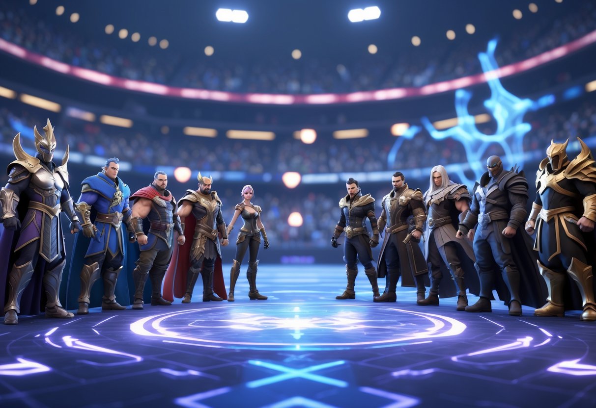 A group of heroes from two mobile games face each other on a glowing battlefield, ready for battle.
