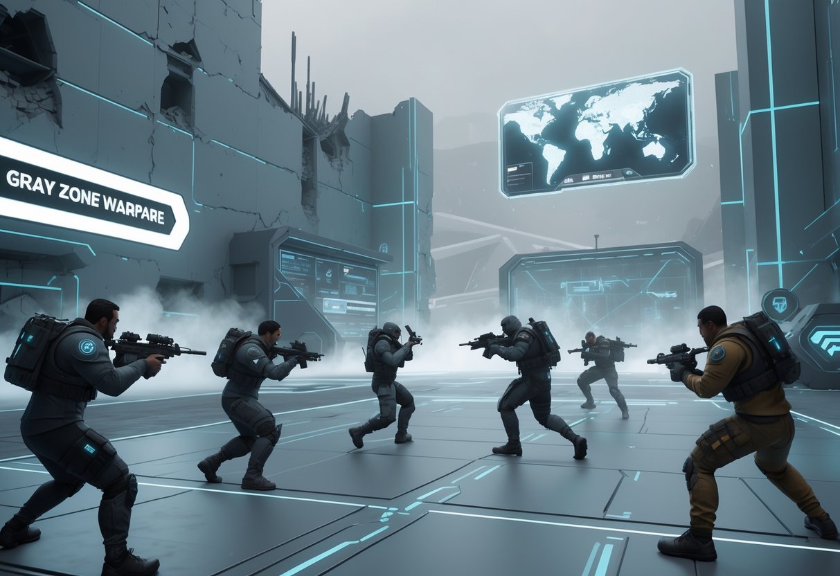 A futuristic battlefield with players in tactical gear engaged in combat amid urban ruins and holographic displays.