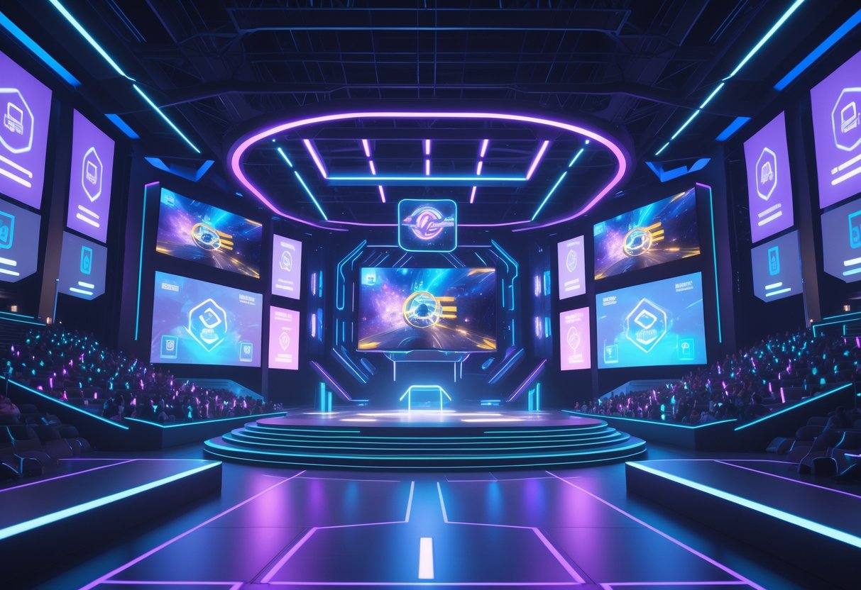 Interior of a futuristic esports arena with a central stage, holographic displays, colourful lighting, and virtual spectators watching a Mobile Legends tournament.