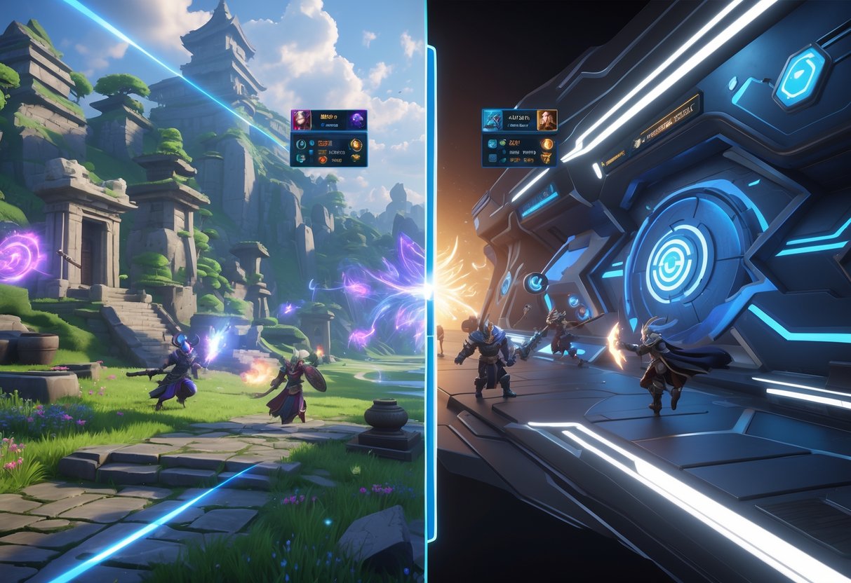 Split-screen scene showing two mobile game battlefields side by side, one with fantasy heroes and ancient temples, the other with futuristic champions and high-tech structures.