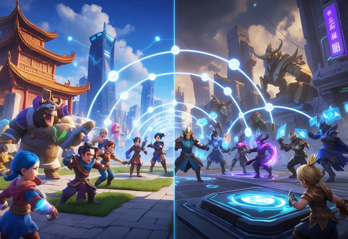 A split scene showing players and characters from two mobile games, Honor of Kings on one side and League of Legends Mobile on the other, each engaged in gameplay and community interaction.