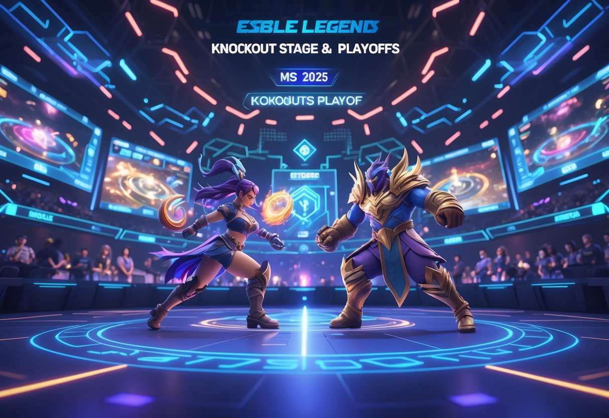 A 3D scene of a futuristic esports arena with two teams of fantasy heroes battling in the centre, surrounded by glowing screens and cheering crowds.